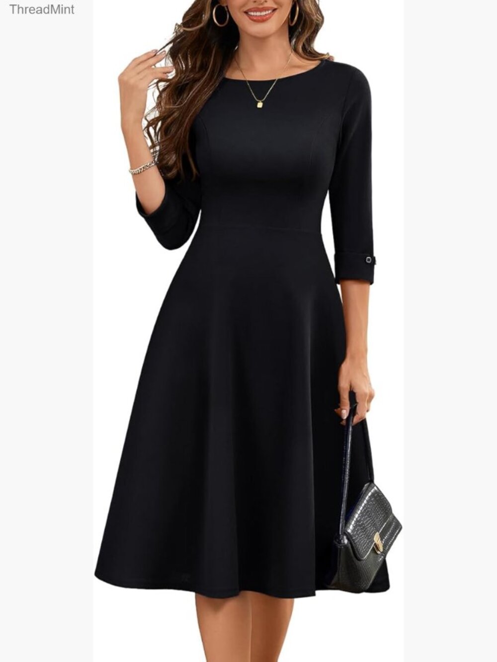 Fit and Flare Midi Dress with Pockets 3/4 Sleeve Church Work Dress